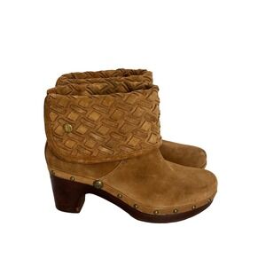 UGG Australia Lynnea Clog Boots Brown Suede Woven Fold Over Studded Womens 9